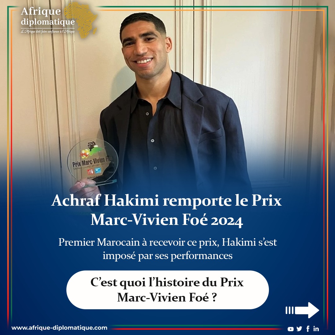 AFRIQUEDIPLOMAT's tweet image. Achraf Hakimi sacré meilleur joueur africain de Ligue 1 ! Il remporte le prestigieux Prix Marc-Vivien Foé 2024, une première pour un joueur marocain. Mais au fait… quelle est l’histoire de ce prix ?🌍⚽
👉: afrique-diplomatique.com/marc-vivien-fo…
#Hakimi #AfriqueDiplomatique #PSG