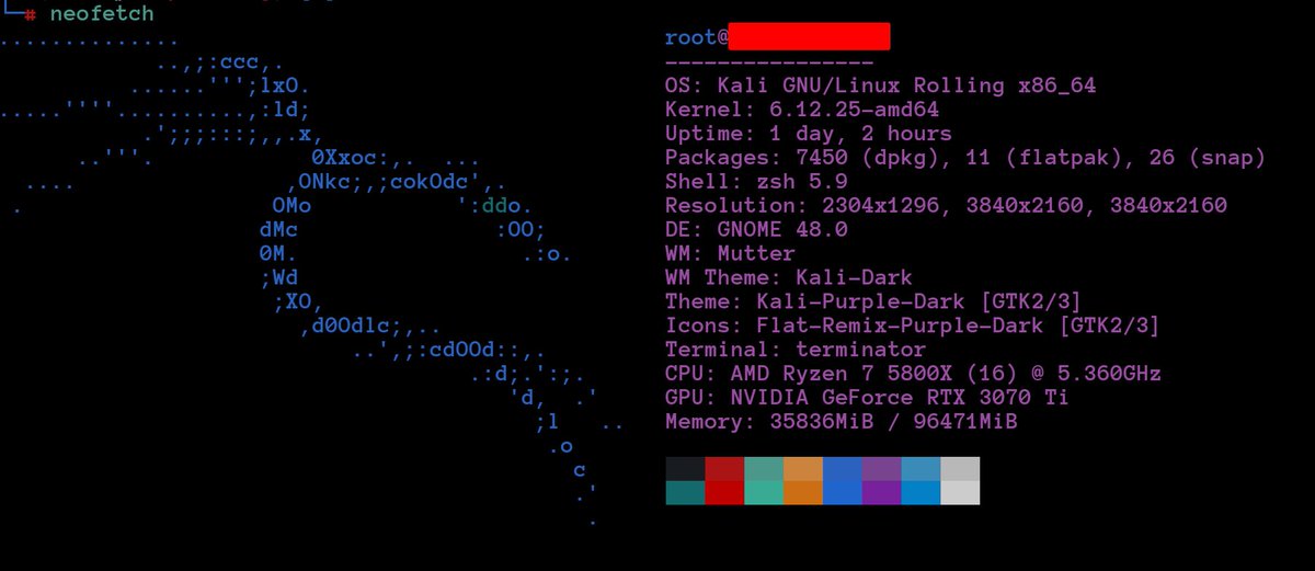 TeslaTheGod's tweet image. OS: Kali GNU/Linux Rolling x86_64

AMD Ryzen 7 5800X (16) @ 5.360GHz
NVIDIA GeForce RTX 3070 Ti OC Edition 
96GB DDR4 3200 MT/s RAM
2x 4K Monitor + 1x 1080p Monitor
4x 1Tb + 5x 2Tb ( SSD/NVME M.2/DISK )
Mechanical Keyboard ( Outemu blue switches ) ( 80% Layout )
Logitech G502…