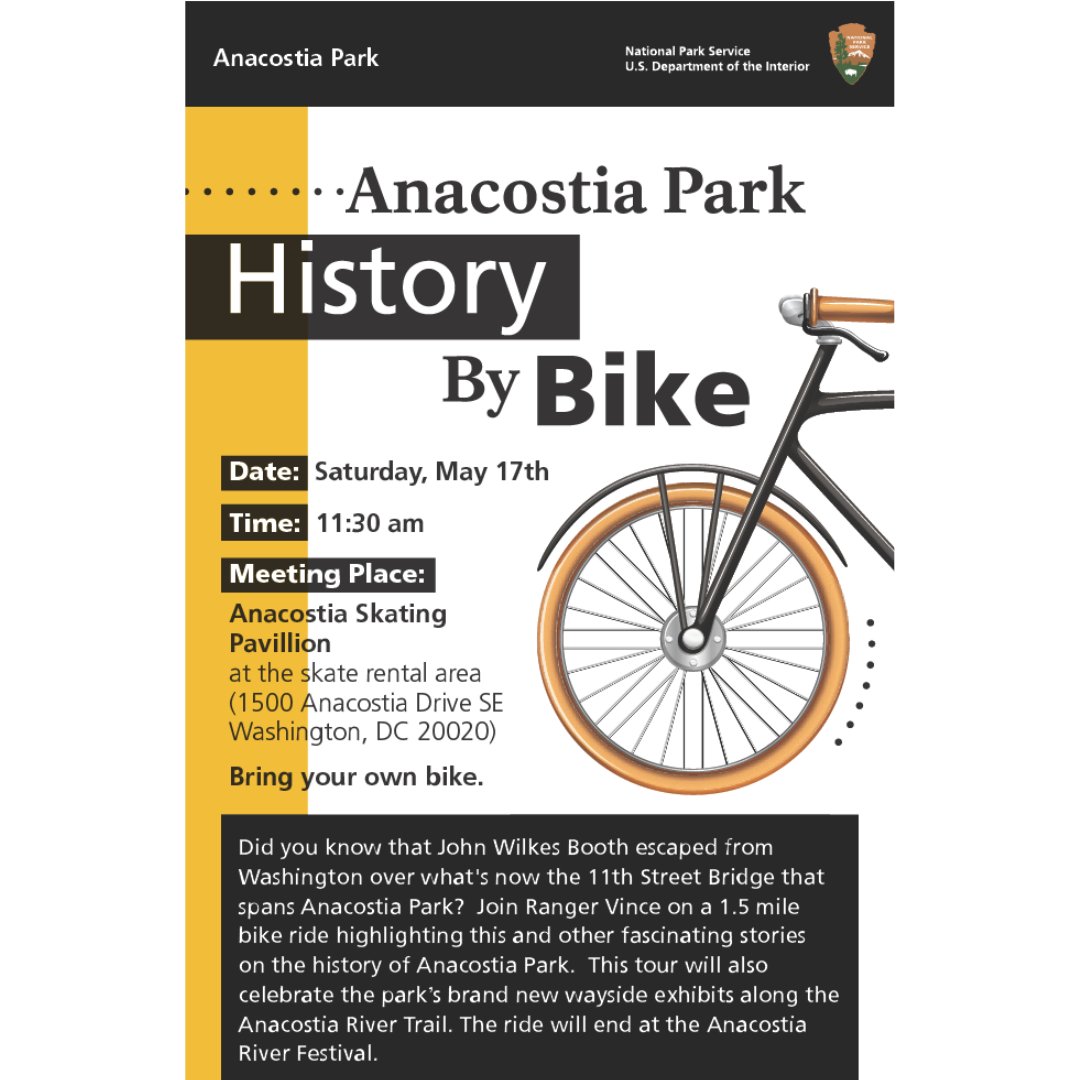 Join NPS  for a bike ride through Anacostia Park! Starting at the Skating Pavilion, we’ll explore the park’s  history and check out the art exhibits along the trail. The ride ends at the Anacostia River Festival—so you can keep the fun going!
bridgepark.org/arf
#DCBridgePark