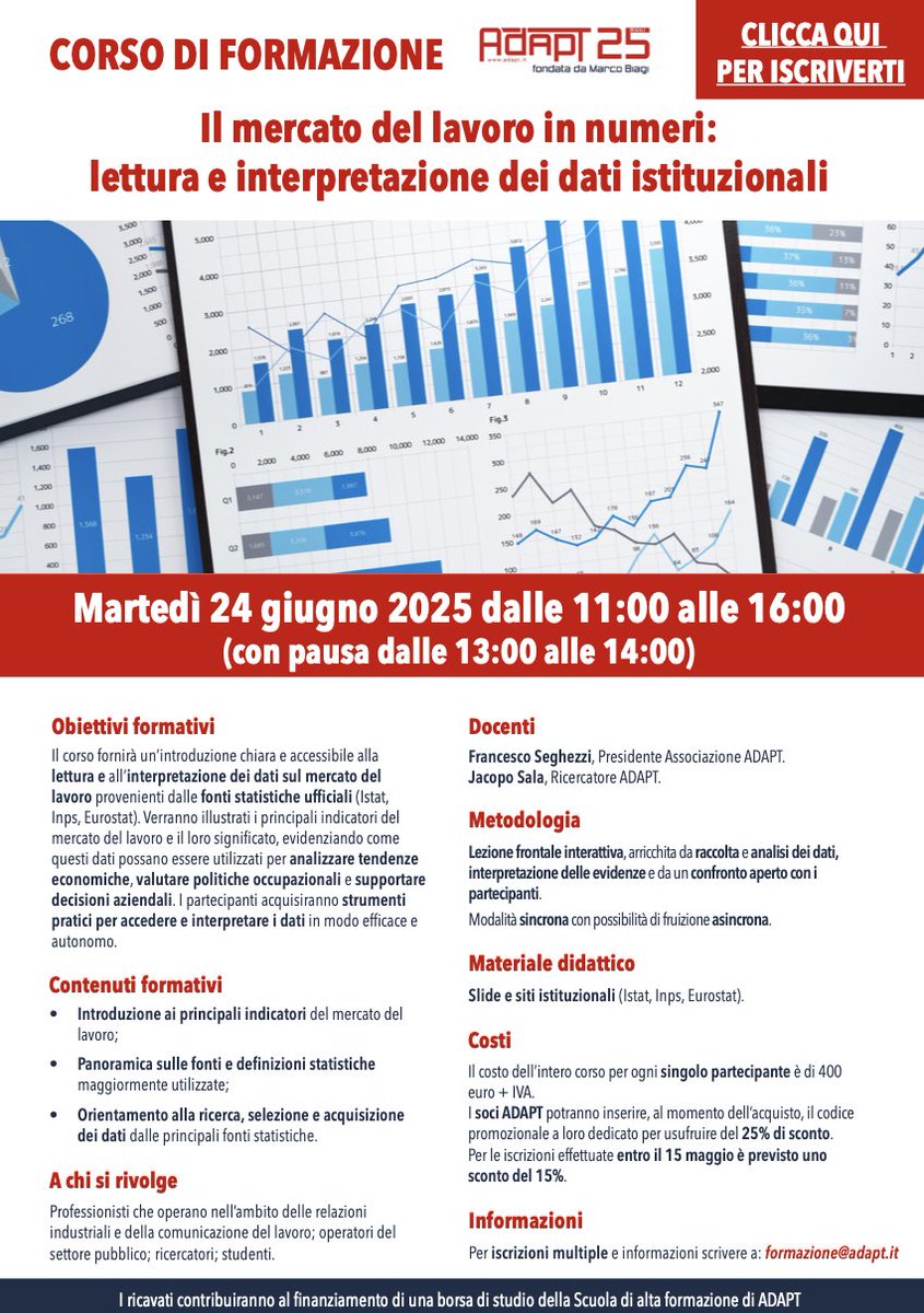 Capire, analizzare, interpretare i dati del mercato del lavoro. 

In un momento di trasformazione come quello che stiamo vivendo si tratta di un insieme di competenze fondamentali.

Da tanto tempo ci pensavamo e alla fine l'abbiamo fatto. 

Il 24 giugno si terrà il primo corso