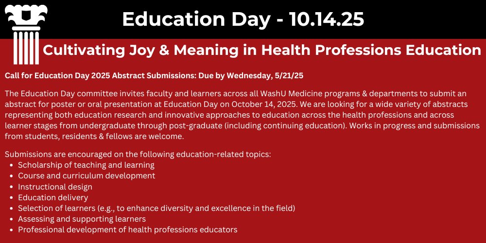 WashU Academy of Educators (@washuacaded) on Twitter photo Deadline Approaching: <a href="/WashUAcadEd/">WashU Academy of Educators</a> Education Day committee is accepting Abstract Submissions until 5/21/25 at 11:59pm! Learn more & submit here: academyofeducators.wustl.edu/events/educati… Deadline Approaching: <a href="/WashUAcadEd/">WashU Academy of Educators</a> Education Day committee is accepting Abstract Submissions until 5/21/25 at 11:59pm! Learn more & submit here: academyofeducators.wustl.edu/events/educati…