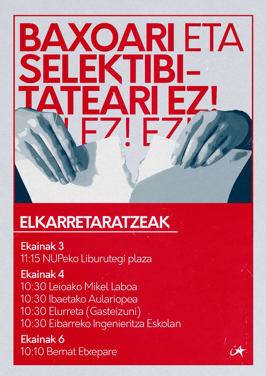 Selektabitateari eta baxoari ez esateko elkarretaratzeak antolatu ditugu frogak aurrera eramango diren heziguneetan.

Baxoari eta selektibitateari ez!