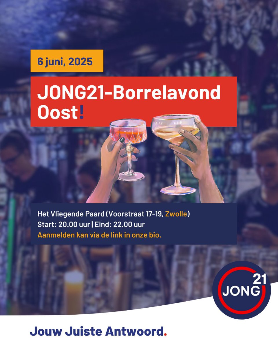 We organiseren op vrijdag 6 juni een borrelavond in Zwolle! Kom gezellig langs om te borrelen en gelijkgestemden te ontmoeten. Niet-leden zijn ook van harte welkom! 🍻
🔗Aanmelden kan via Eventbrite: linktr.ee/jongja21