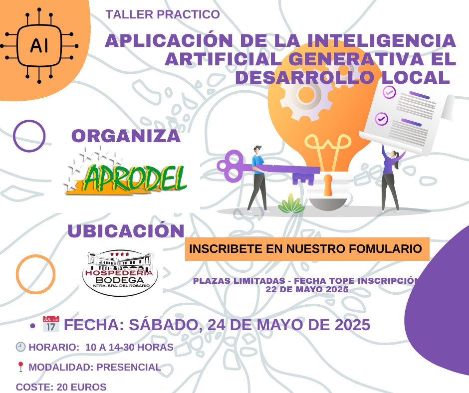 🚀 ¿Sabes usar IA como herramienta en desarrollo local?
🧠 Aprende en un solo día cómo aplicar ChatGPT, Gemini, Canva y más.
📅 24 de mayo – El Provencio (Cuenca) | 💶 Solo 20 €
📝 Inscripciones: aprodelclm.blogspot.com/2025/05/taller…
📣 ¡No te lo pierdas!
