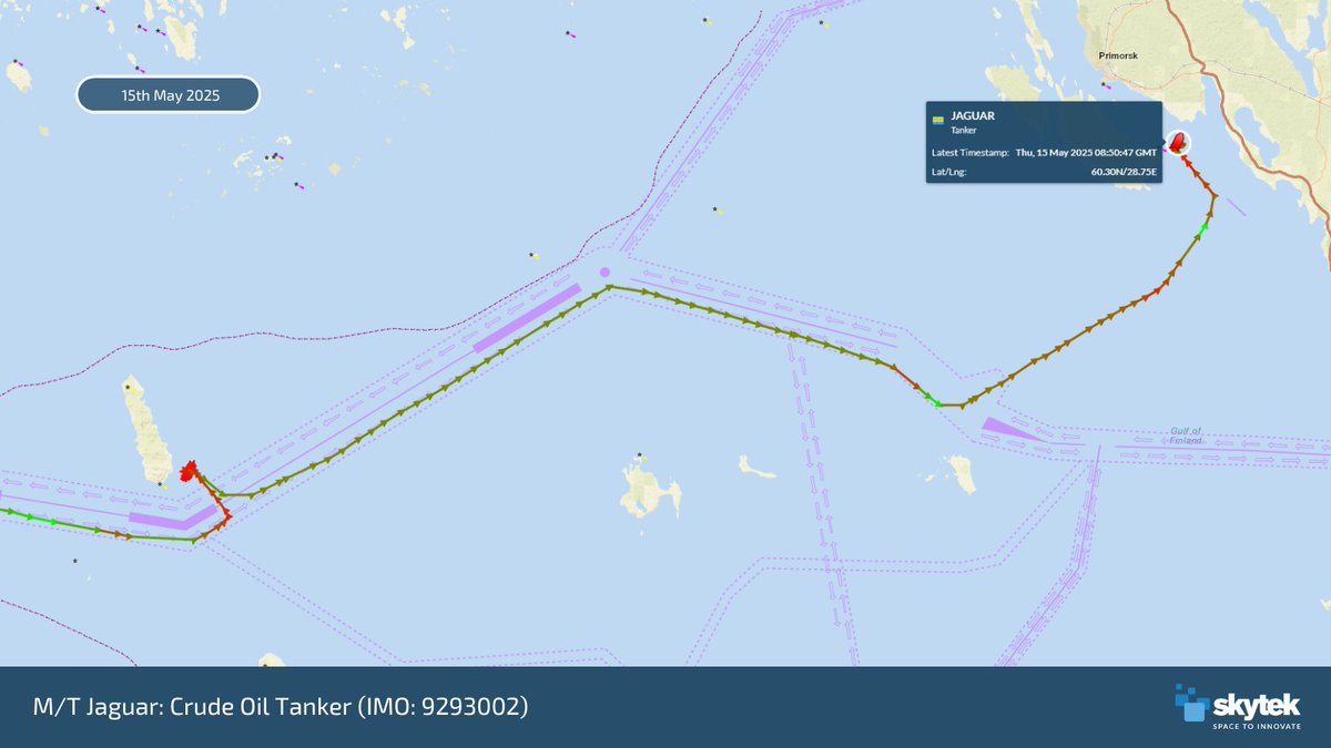 Estonian Forces in Gulf of Finland Shadow Tanker Showdown🚢

Skytek is closely tracking the movements of the M/T Jaguar (IMO: 9293002), a crude oil tanker🚢 flagged under Gabon and sanctioned by the UK’s Office of Financial Sanctions Implementation (OFSI).

The Estonian Navy