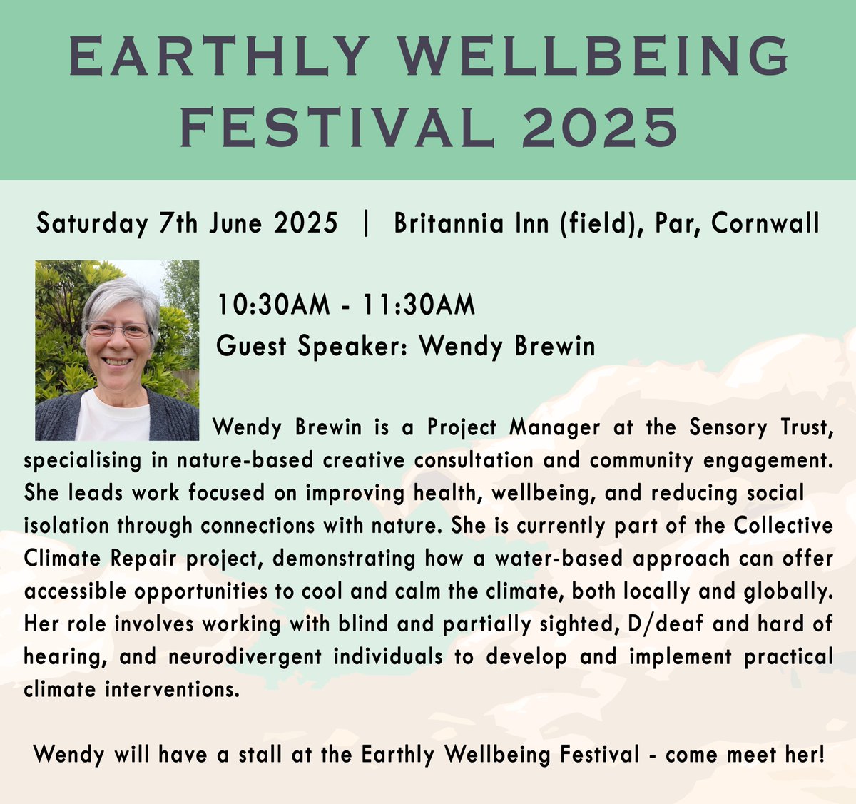 🌿 Meet Wendy Brewin! 🌿
#ZebraUno is excited to have her join us as a Guest Speaker at the Earthly Wellbeing Festival! Wendy is a Project Manager with the Sensory Trust - discover what she’ll be sharing in her session 👇