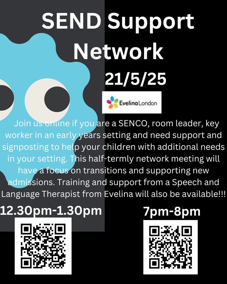 London South Early Years Stronger Practice Hub (@londonsouthey) on Twitter photo Join us next week online for our half termly SEND support network:
21/5 at 12.30pm:forms.gle/gWDZ5kLBfLDoNZ…
or 7pm:forms.gle/VmfEgk94U3UndY…
<a href="/ncbtweets/">National Children's Bureau</a> <a href="/RhubarbNet/">Annette</a> <a href="/maytree_nursery/">Maytree Nursery</a> <a href="/CoinStreet/">Coin Street</a> <a href="/CDPS_Southwark/">Charles Dickens Primary School and Nursery</a> <a href="/Charter_Trust/">The Charter Schools Educational Trust</a> Join us next week online for our half termly SEND support network:
21/5 at 12.30pm:forms.gle/gWDZ5kLBfLDoNZ…
or 7pm:forms.gle/VmfEgk94U3UndY…
<a href="/ncbtweets/">National Children's Bureau</a> <a href="/RhubarbNet/">Annette</a> <a href="/maytree_nursery/">Maytree Nursery</a> <a href="/CoinStreet/">Coin Street</a> <a href="/CDPS_Southwark/">Charles Dickens Primary School and Nursery</a> <a href="/Charter_Trust/">The Charter Schools Educational Trust</a>