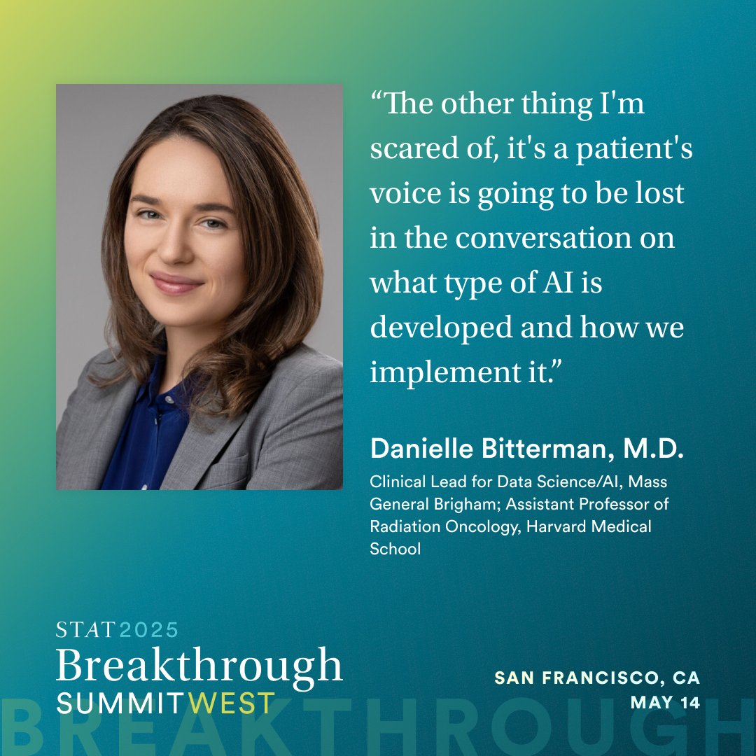 Mass General Brigham Research (@mgbresearchnews) on Twitter photo On 5/14, our very own <a href="/dbittermanmd/">Danielle Bitterman, MD</a> from <a href="/BrighamWomens/">Brigham and Women's Hospital</a> participated in a panel at <a href="/statnews/">STAT</a> Breakthrough Summit West!
The panel discussed the importance of #AI in cancer care. On 5/14, our very own <a href="/dbittermanmd/">Danielle Bitterman, MD</a> from <a href="/BrighamWomens/">Brigham and Women's Hospital</a> participated in a panel at <a href="/statnews/">STAT</a> Breakthrough Summit West!
The panel discussed the importance of #AI in cancer care.