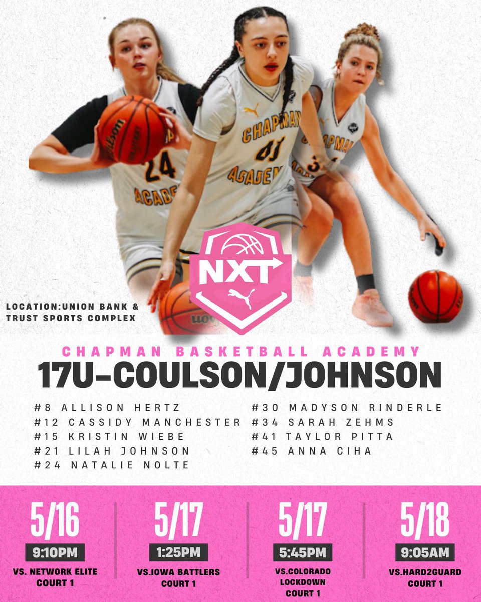 ChapmanGirls2026_27_28 (@2025chapmangbb) on Twitter photo Make sure to come watch <a href="/Lilahjohnson07/">Lilah</a> this weekend in Omaha! Versatile wing who can play multiple spots!
<a href="/Chapman_GBB/">Chapman Girls Basketball</a> <a href="/PRO16G/">NXTPRO Girls League</a> Make sure to come watch <a href="/Lilahjohnson07/">Lilah</a> this weekend in Omaha! Versatile wing who can play multiple spots!
<a href="/Chapman_GBB/">Chapman Girls Basketball</a> <a href="/PRO16G/">NXTPRO Girls League</a>