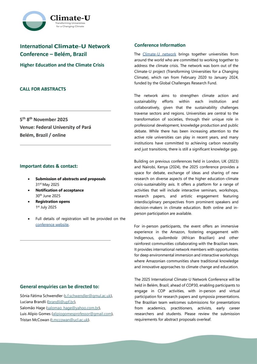 KUGreenEduHub's tweet photo. Announcing the 2025 #ClimateU Conference and call for Abstracts!
Following successful editions in London (2023) &amp; Nairobi (2024), we’re heading to Belém, Brazil—just ahead of #COP30. Join us for dynamic workshops, research presentations, and artistic exchanges on higher education https://t.co/bbv8nXe5XY