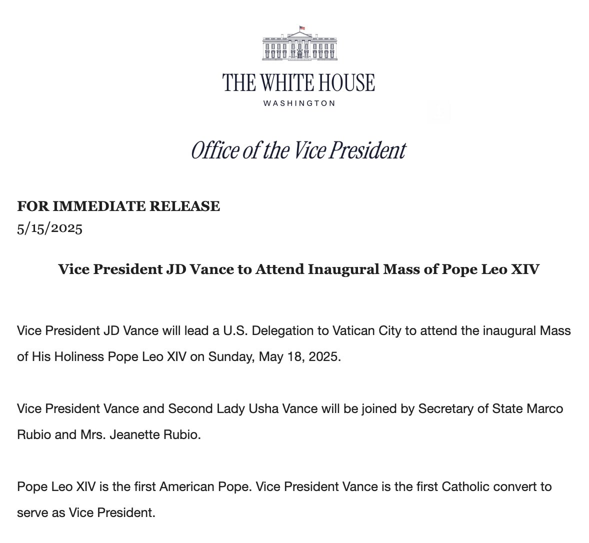 JD Vance and Marco Rubio will attend #PopeLeoXIV's inaugural Mass on Sunday.