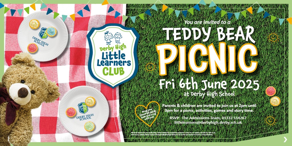 Derby High School (@derbyhighschool) on Twitter photo Parents and children aged 2 to 4 in the Derby area are warmly invited to our annual Derby High Little Learners Teddy Bear Picnic on Fri 6th June, 2pm to 3pm. RSVP by emailing littlelearners@derbyhigh.derby.sch.uk or calling the Admissions Team at 01332 514267. #DerbyHighPrimary Parents and children aged 2 to 4 in the Derby area are warmly invited to our annual Derby High Little Learners Teddy Bear Picnic on Fri 6th June, 2pm to 3pm. RSVP by emailing littlelearners@derbyhigh.derby.sch.uk or calling the Admissions Team at 01332 514267. #DerbyHighPrimary