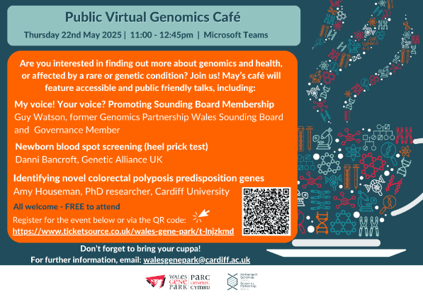 Beacon for Rare Diseases (@rarebeacon) on Twitter photo Join <a href="/WalesGenePark/">Wales Gene Park</a> for their next Virtual Public Genomics Café! 💻
A chance to hear exciting talks on genetics and genomics from leading experts and those with lived experience of genetic conditions.
Register here: 👇
ticketsource.co.uk/wales-gene-par… Join <a href="/WalesGenePark/">Wales Gene Park</a> for their next Virtual Public Genomics Café! 💻
A chance to hear exciting talks on genetics and genomics from leading experts and those with lived experience of genetic conditions.
Register here: 👇
ticketsource.co.uk/wales-gene-par…