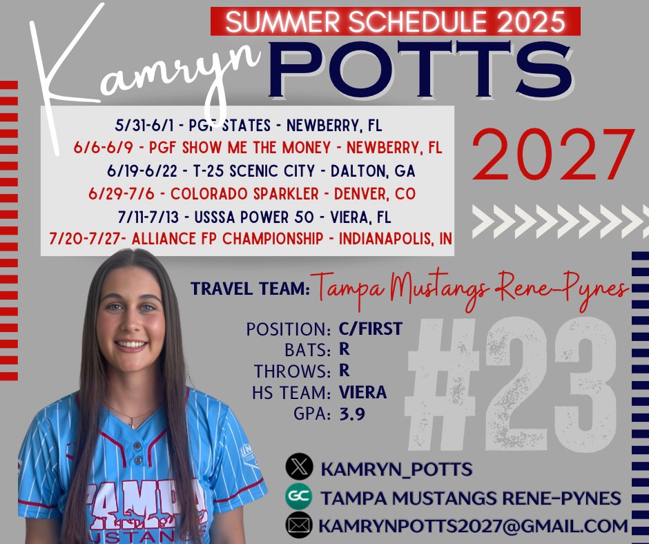 Kamryn_Potts's tweet image. Summer Schedule!
@MustangsPynes27 @leobsbl @CoachBallMalone @coachmegsmith @LLefty18 @jodydavidson @BethTorina @UGACoachTony @TCam_FSUSB @CoachMalveaux @rittmanjohn @UACoachMurphy @CoachPetikS @_TimWalton @noahbsanders @Syd_finch