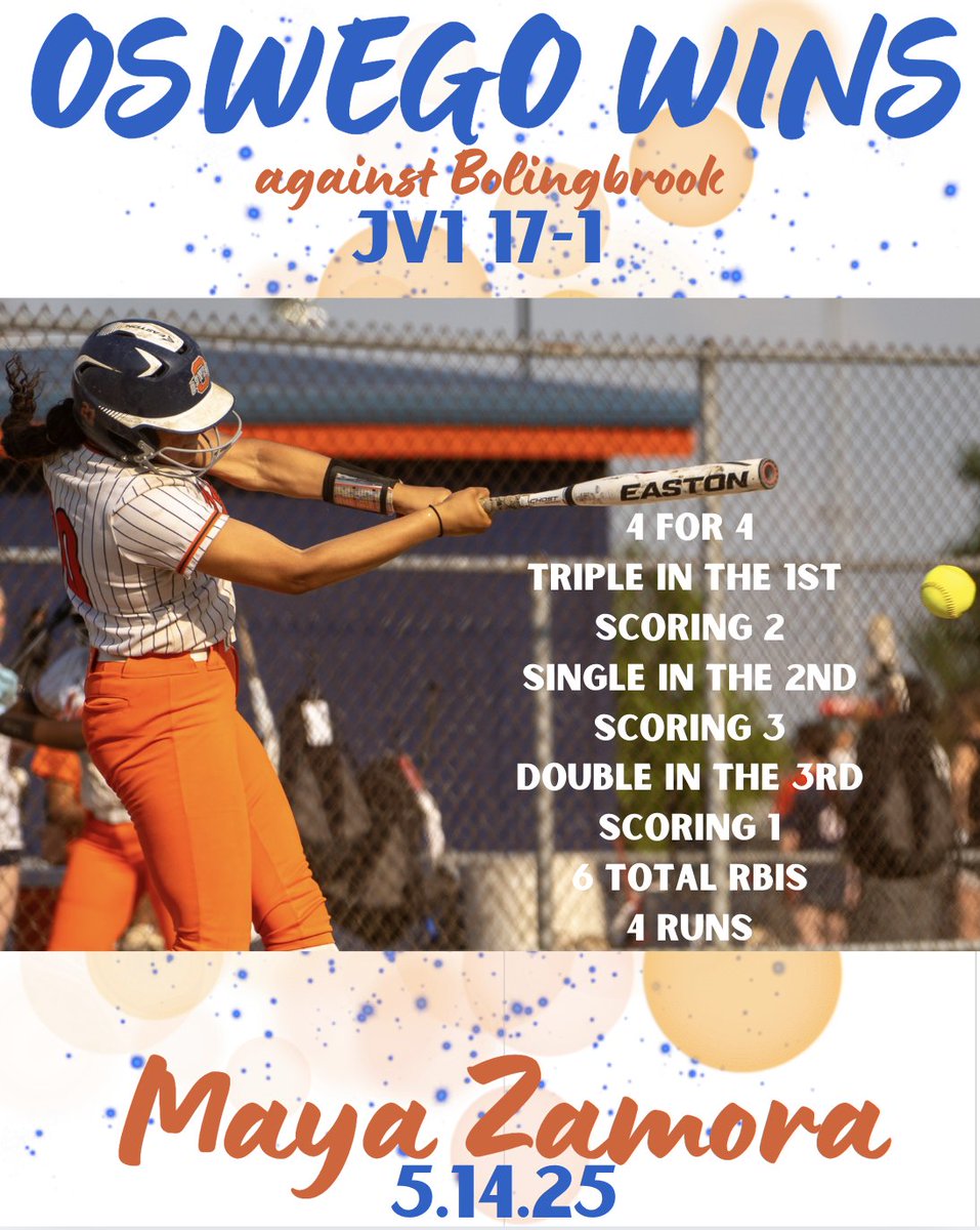 JV1 takes down Bolingbrook 17-1

<a href="/MayaZamora26/">Maya Zamora</a>  went 4 for 4. She TRIPLED in the 1st scoring 2, singled in the 2nd scoring 3 and DOUBLED in the 3rd scoring 1. Maya had a total of 6 RBIs and scored 4 Runs!!