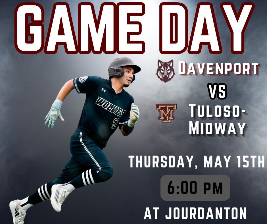 IT'S GAME DAY WOLF PACK! The Wolves take on Tuloso-Midway in GM 1 of the Regional Semi-Finals tonight in Jourdanton.  First pitch slated for 6:00 pm! BE THERE, BE LOUD, PACK THE STANDS! GO WOLVES! <a href="/BuildThePack/">BuildThePack</a> <a href="/DavenportWolves/">DHS Wolves Athletics</a> <a href="/BMar1842/">Brian Martinez</a> <a href="/dhs_looney/">Angela Looney</a> <a href="/GoingAllday/">Forrestt Allday</a> <a href="/ReddingWeston/">Coach Redding</a>