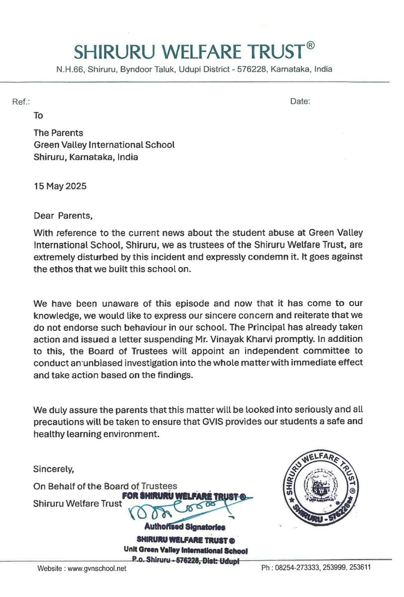 Appreciate the prompt action by the trustees. But a mere suspension isn't justice. A teacher who assaults a student has no place in that school. We strongly urge GVIS to dismiss Mr. Vinayak Kharvi and ensure student safety is never compromised.