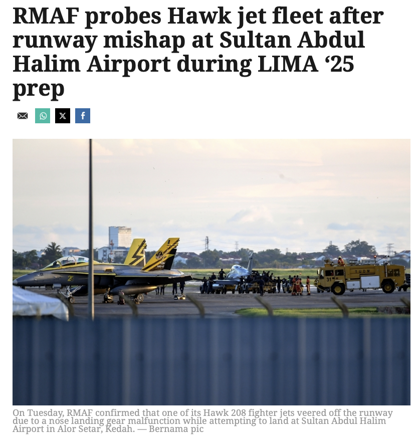 MalaysiaMdk's tweet photo. Beberapa hari lalu, sebuah jet pejuang Hawk 208 mengalami kerosakan gear pendaratan semasa latihan untuk pameran LIMA. Hari ini, sebuah bot laju tentera laut terlibat dalam kemalangan ketika latihan untuk pameran yang sama. Adakah kita menunggu untuk kemalangan seterusnya? RM21.2 bilion peruntukan untuk pertahanan dan kita masih menyaksikan kegagalan dan kemalangan seperti ini? Di mana wang itu dibelanjakan?

#LIMA25 
#TLDM
#Langkawi
#kapalterbabas
#MDKMalaysia