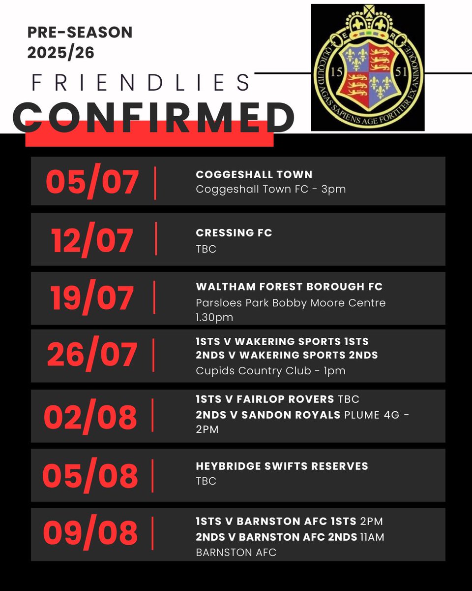 Old Chelmsfordians (@ochelmsfordians) on Twitter photo Pre season fixtures confirmed ✅
<a href="/CoggeshallTown/">Coggeshall Town FC</a>
<a href="/CressingFC/">Cressing FC</a>
<a href="/walthamforestfc/">Waltham Forest Borough FC</a>
<a href="/WakeringSports1/">Wakering Sports 1sts</a>
<a href="/WakeringSResFc/">Wakering Sports A</a>
<a href="/FairlopRoversFC/">Fairlop Rovers FC</a>
<a href="/sandon_fc/">Sandon Royals FC</a>
<a href="/HSFC_Reserves/">Heybridge Swifts Reserves</a>
<a href="/barnstonafc/">Barnston AFC</a>
<a href="/barnstonafc2/">barnstonafc</a>
#UpTheOs ⚽️🐞 Pre season fixtures confirmed ✅
<a href="/CoggeshallTown/">Coggeshall Town FC</a>
<a href="/CressingFC/">Cressing FC</a>
<a href="/walthamforestfc/">Waltham Forest Borough FC</a>
<a href="/WakeringSports1/">Wakering Sports 1sts</a>
<a href="/WakeringSResFc/">Wakering Sports A</a>
<a href="/FairlopRoversFC/">Fairlop Rovers FC</a>
<a href="/sandon_fc/">Sandon Royals FC</a>
<a href="/HSFC_Reserves/">Heybridge Swifts Reserves</a>
<a href="/barnstonafc/">Barnston AFC</a>
<a href="/barnstonafc2/">barnstonafc</a>
#UpTheOs ⚽️🐞