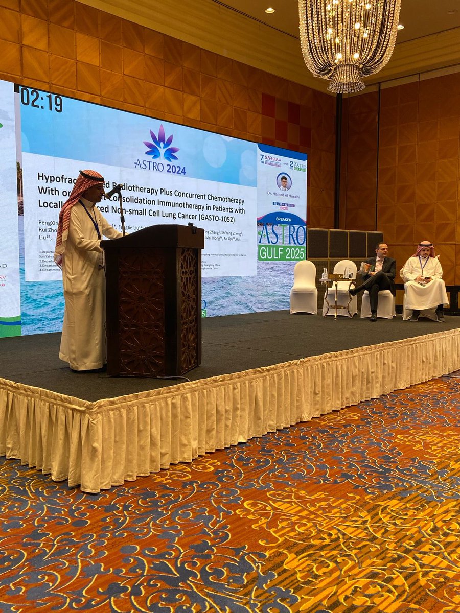 Then we have, Dr. Hamed Al Hussani presenting on “Hypofractionated Radiotherapy plus Concurrent Chemotherapy with or without Consolidation Immunotherapy in Patients
with Locally Advanced Non-Small Cell Lung Cancer (GASTO-1052)”