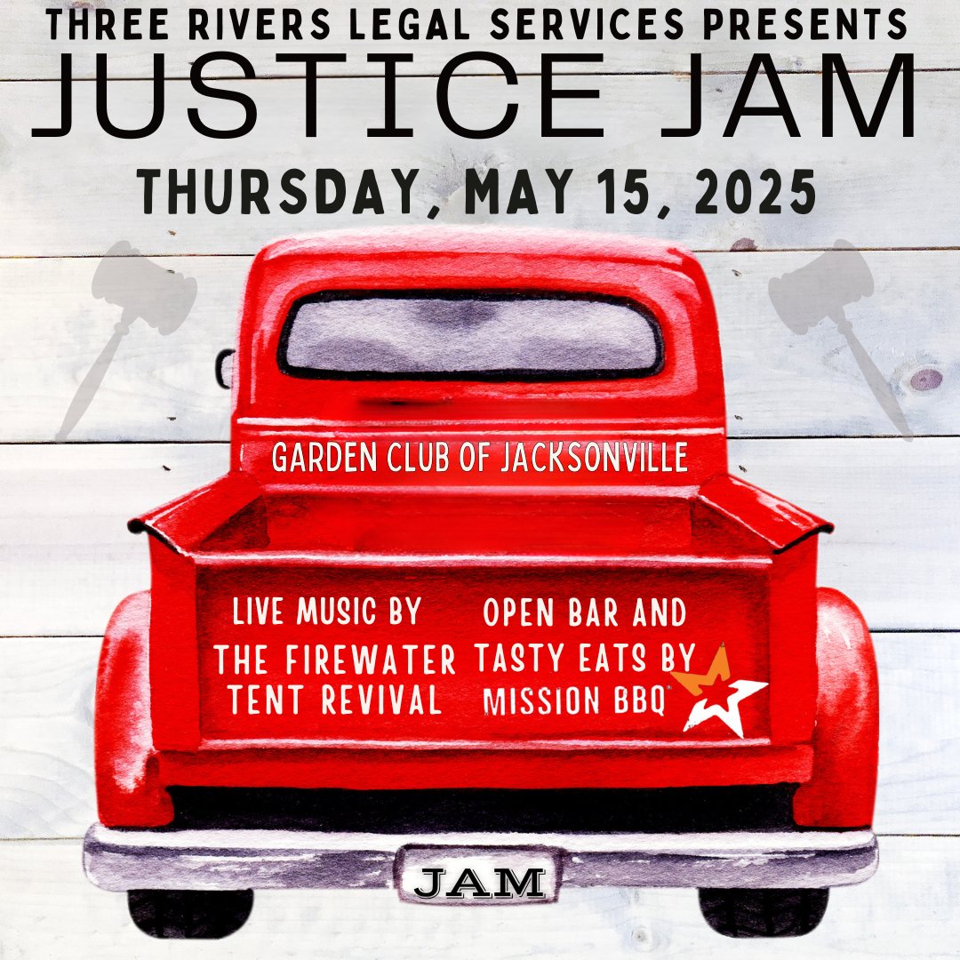 IT’S JUSTICE JAM DAY! Doors open at 6PM at the <a href="/Garden/">garden</a> Club of Jacksonville 

Got your ticket? You’re in for BBQ, bar, and @The Firewater Tent Revival

Get your tickets NOW - zurl.co/CTQj1