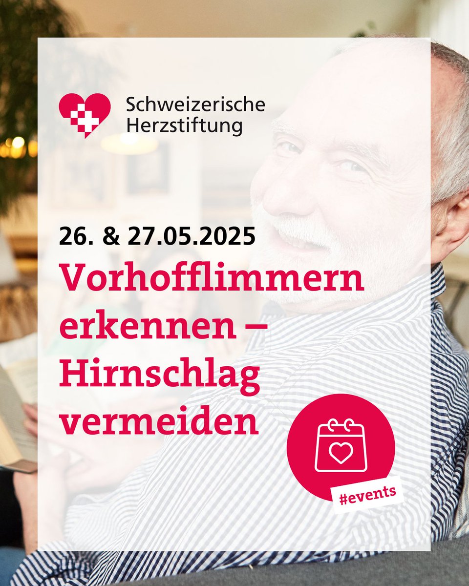 #Vorhofflimmern erkennen – #Hirnschlag vermeiden 🧠

👉 26. Mai 2025 in #Basel
👉 27. Mai 2025 in #Bern

Weitere Infos ➜ swissheart.ch/wissen-und-sup…

#herzstiftung #herzwissen #schlaganfallprävention #events