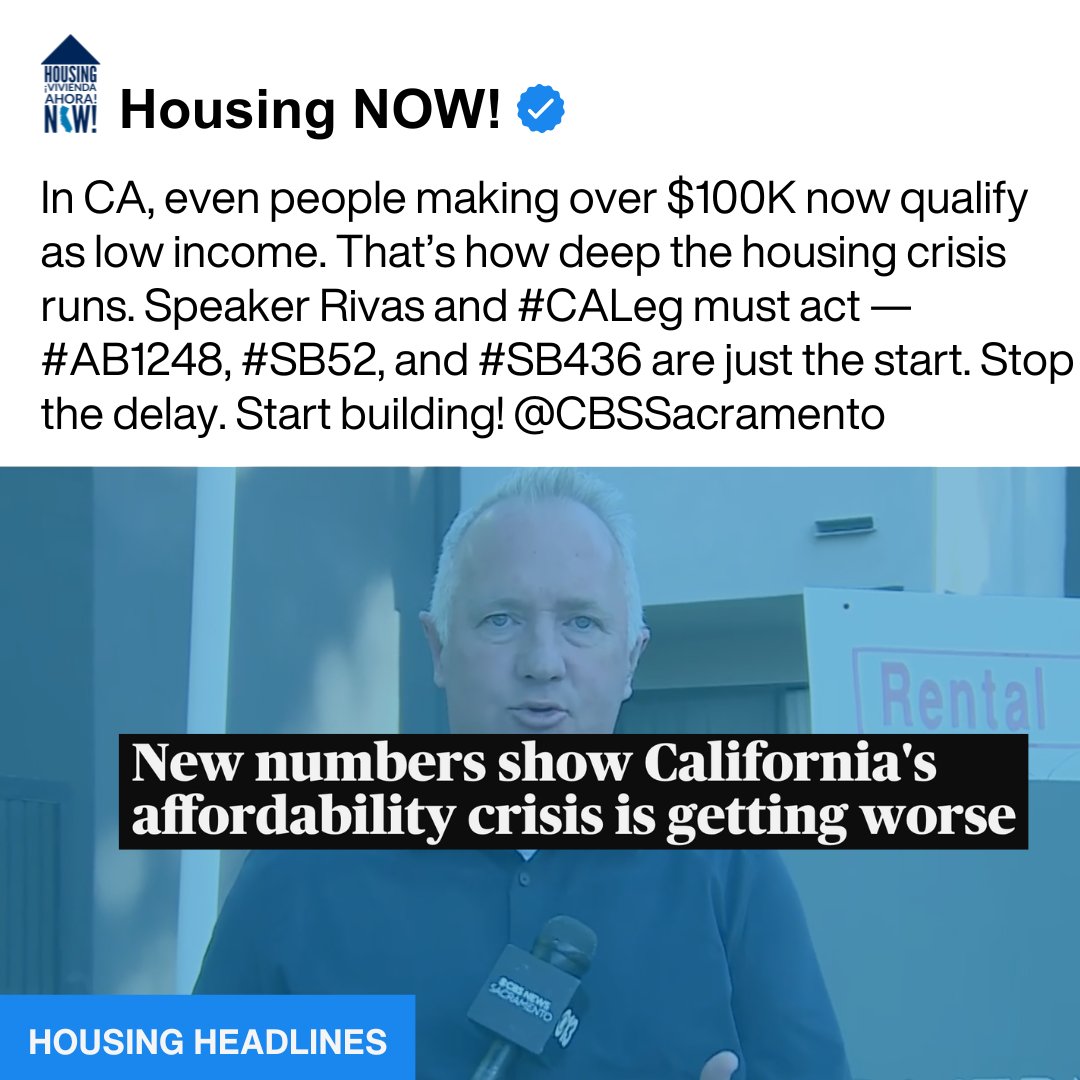 Housing NOW! (@housingnowca) on Twitter photo In CA, even people making over $100K now qualify as low income. That’s how deep the housing crisis runs. <a href="/RobertRivas_CA/">Robert Rivas</a> #CALeg must act — #AB1248, #SB52, and #SB436 are just the start. Stop the delay. Start building affordable housing! <a href="/CBSSacramento/">CBS Sacramento</a>
cbsnews.com/sacramento/new… In CA, even people making over $100K now qualify as low income. That’s how deep the housing crisis runs. <a href="/RobertRivas_CA/">Robert Rivas</a> #CALeg must act — #AB1248, #SB52, and #SB436 are just the start. Stop the delay. Start building affordable housing! <a href="/CBSSacramento/">CBS Sacramento</a>
cbsnews.com/sacramento/new…