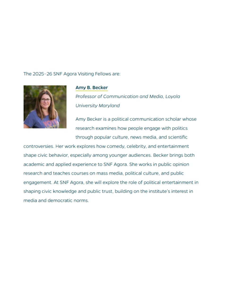 Professor Amy Becker has been accepted as a visiting fellow at the SNF Agora Institute at Johns Hopkins University during the 2025-26 academic year.  snfagora.jhu.edu/news/snf-agora…