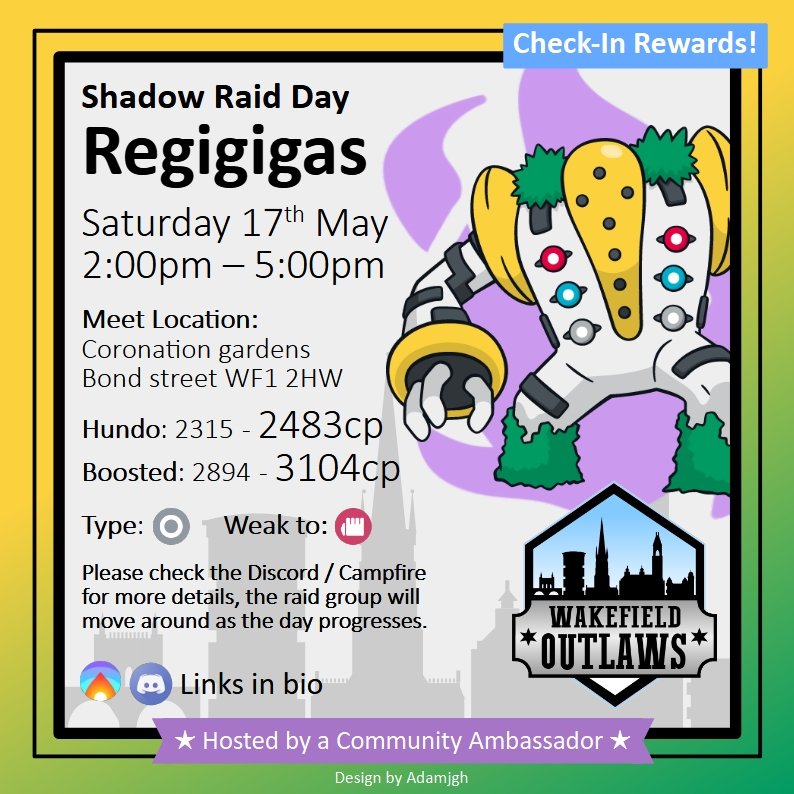 Team up with the Outlaws and take on Shadow Regigigas in raids!
Free check in rewards available and extra prizes for shinys!
#pokemongoappuk #pokemongo #CommunityAmbassador