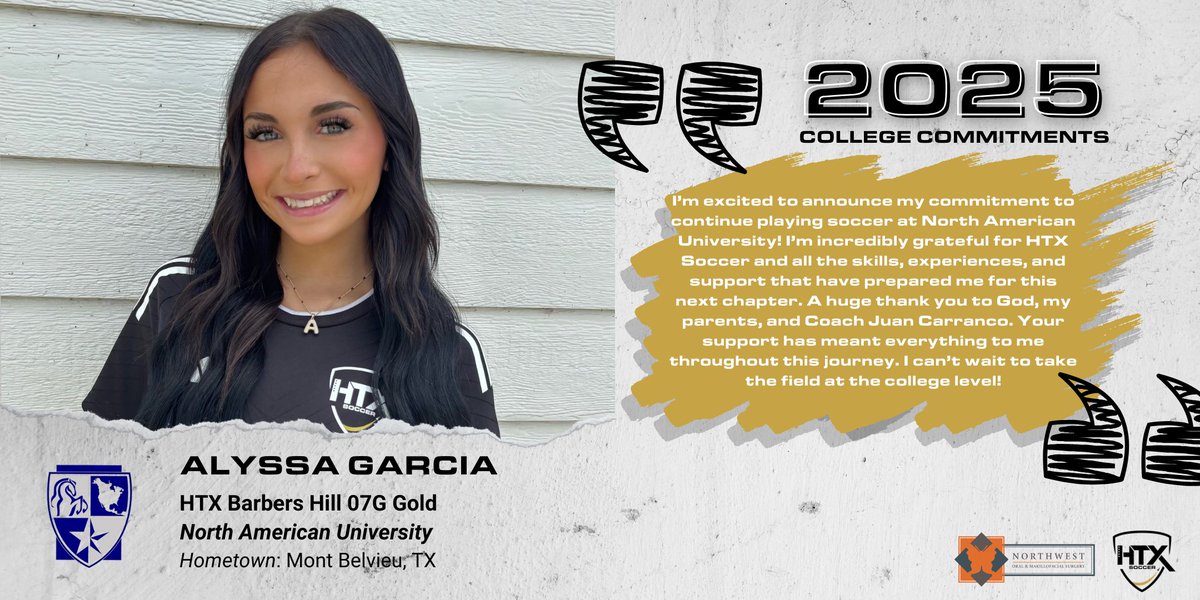 HTX Soccer (@htxsoccer) on Twitter photo 🚨 College Commitment 🚨
👧 Alyssa Garcia
🚀 HTX Barbers Hill 07G Gold
🏫 North American University
🎓 Class of 2025
Congratulations on your commitment, Alyssa! ⚽🚀
#htxsoccer #htxcollegecenter <a href="/northwestoral/">Northwest Oral Surgery</a> @sports_recruits 🚨 College Commitment 🚨
👧 Alyssa Garcia
🚀 HTX Barbers Hill 07G Gold
🏫 North American University
🎓 Class of 2025
Congratulations on your commitment, Alyssa! ⚽🚀
#htxsoccer #htxcollegecenter <a href="/northwestoral/">Northwest Oral Surgery</a> @sports_recruits