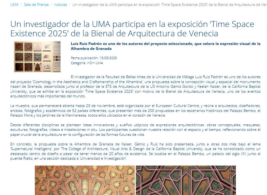 'Cosmology in the Aesthetics and Craftsmanship of the Alhambra'
Hasta el 23 de noviembre en el Palazzo Bembo, Venecia. La noticia completa, aquí: 

uma.es/sala-de-prensa…