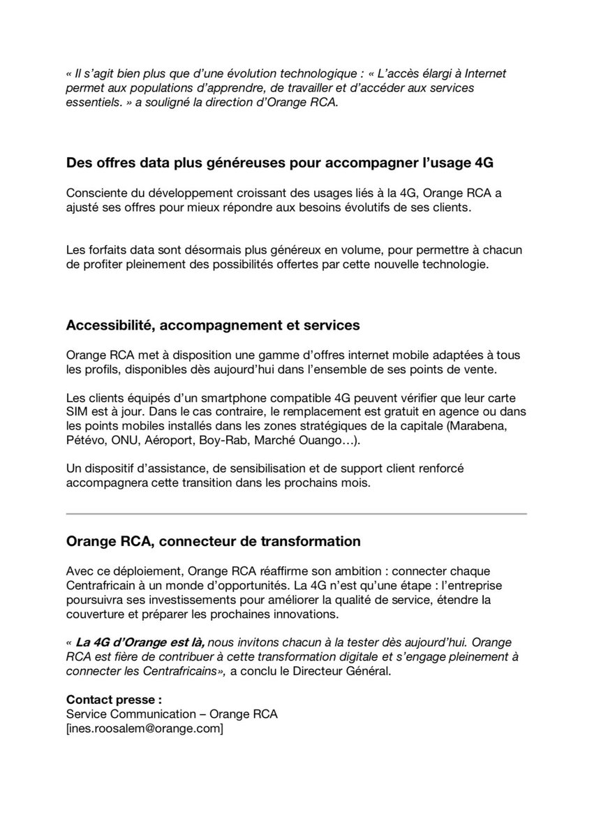 🚨🚨COMMUNIQUÉ DE PRESSE

Nous annonçons le lancement officiel de la 4G en République Centrafricaine.🇨🇫 

#OrangeAKeDa #4GAKeDa
#Réseau #Connexion #RCA
