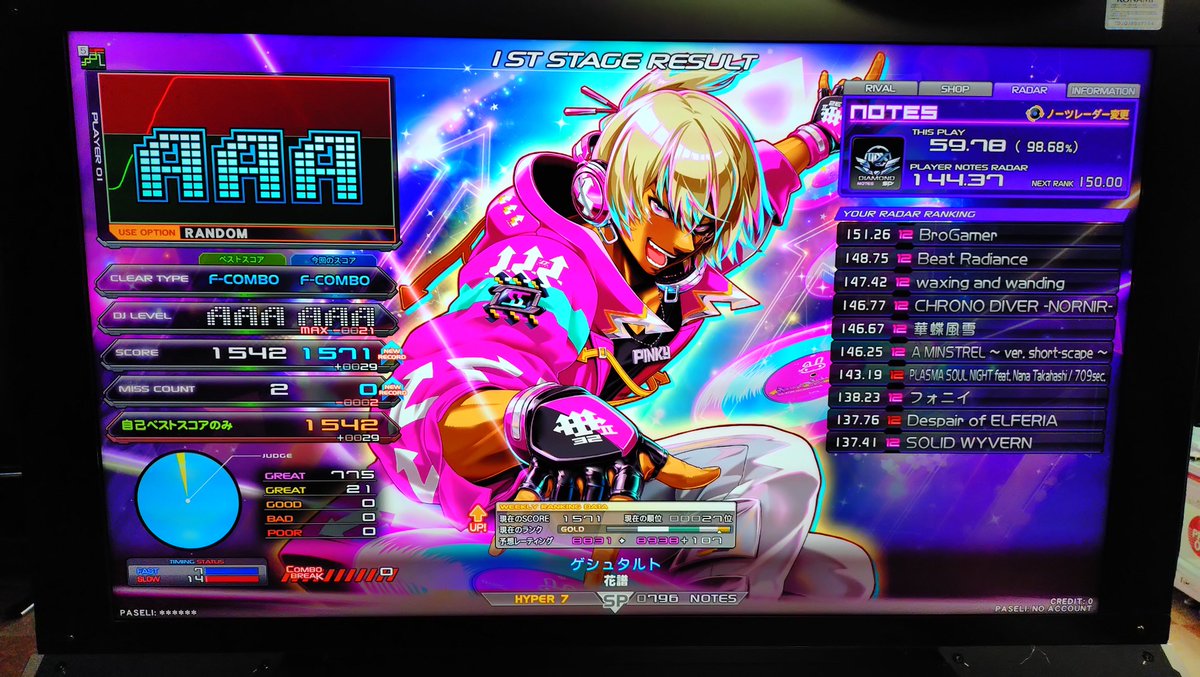 hiro30584598's tweet image. 気になっていた7次筐体を探してプレイして来ました😊
筐体との相性が良かったのか、7次が良いのか解らないのですが、やりやすくてスコアもかなり伸びました✨
ハルイロメロディー(H)が1桁いけたのは嬉しかったです☺️
Reflexの伸びはビックリしました😲
#IIDX
#PinkyCrush
#弐寺
#beatmaniaIIDX