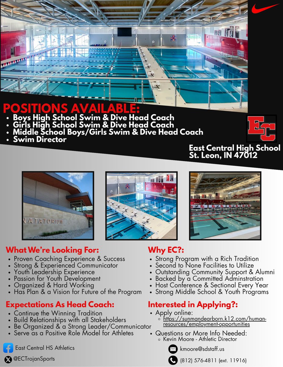 ECTrojanSports's tweet image. 🚨Coaching Openings🚨
We&apos;re accepting applications for multiple swim &amp;amp; dive coaching positions.  We have wonderful facilities, a winning tradition, along w/ hard working &amp;amp; passionate student-athletes!
Interested candidates apply here:
sunmandearborn.k12.in.us/human-resource…