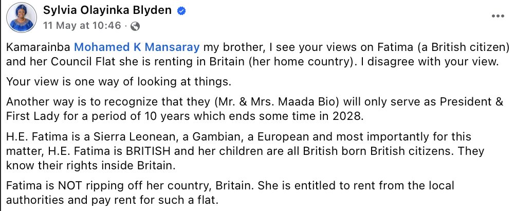 Fatima Bio’s unofficial spokesperson says Sierra Leone’s first lady is entitled to UK council housing – intended for those most in need – by virtue of being a British citizen. An insane defence.

Will Her Excellency <a href="/FirstLadyBio/">H. E.  Fatima Maada Bio</a> explain why she continues to rent a council flat?