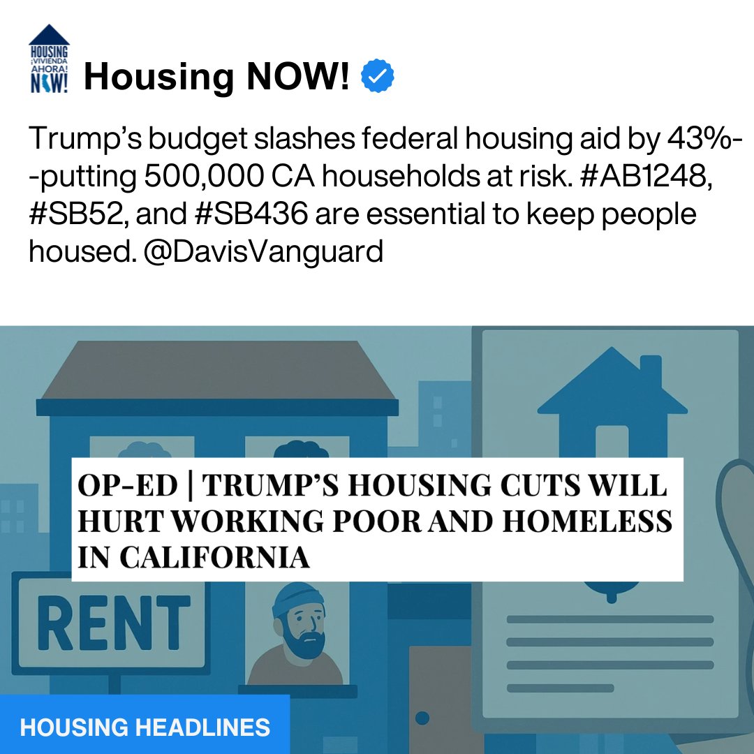 Housing NOW! (@housingnowca) on Twitter photo Trump’s budget slashes federal housing aid by 43%--putting 500,000 CA households at risk. #AB1248, #SB52, and #SB436 are essential to keep people housed. <a href="/DavisVanguard/">Vanguard News Group</a>
davisvanguard.org/2025/05/trump-… Trump’s budget slashes federal housing aid by 43%--putting 500,000 CA households at risk. #AB1248, #SB52, and #SB436 are essential to keep people housed. <a href="/DavisVanguard/">Vanguard News Group</a>
davisvanguard.org/2025/05/trump-…