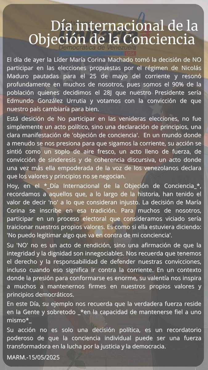 marmmichelle's tweet image. Día internacional de la Objeción de la Conciencia.
@MariaCorinaYA 
#VEN
#TuTienesElPoder