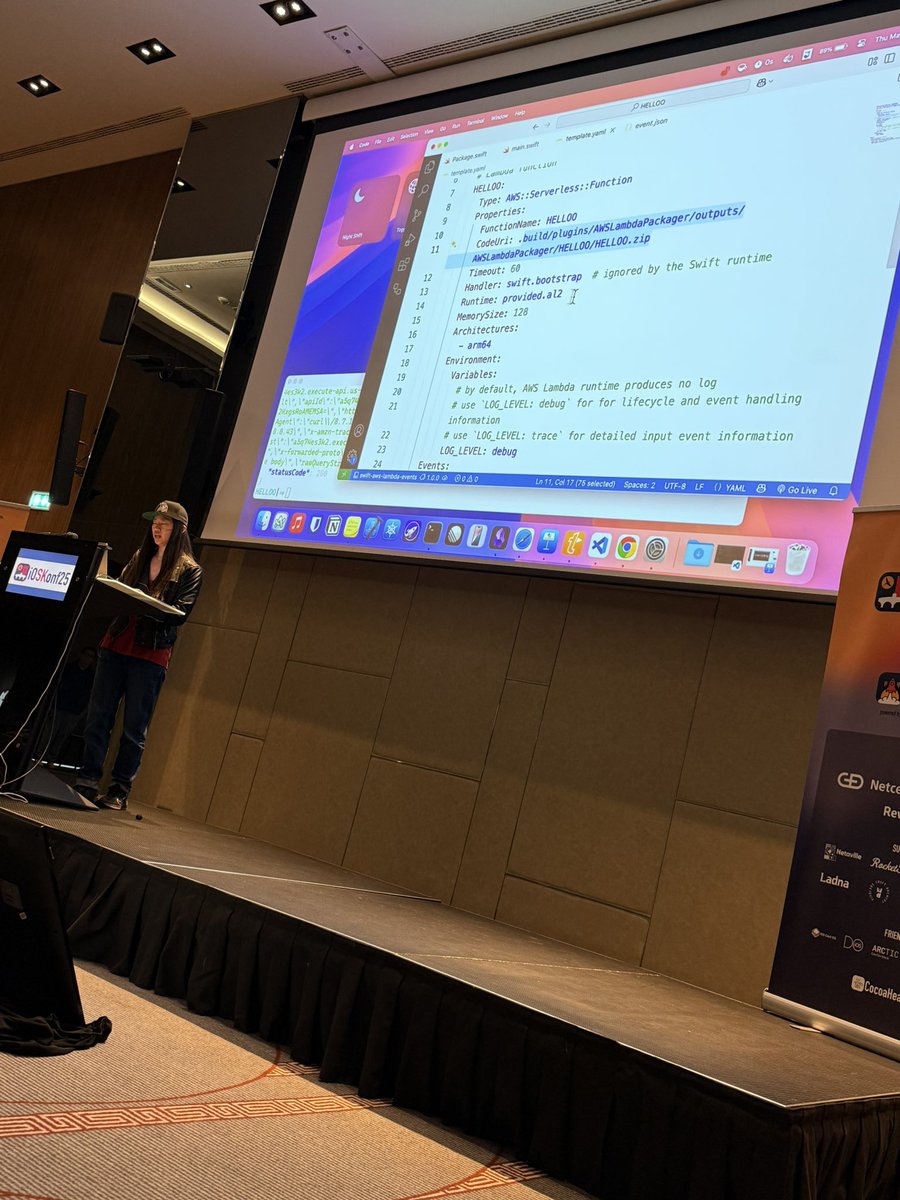<a href="/iOSKonf/">iOSKonf</a> Amazing demonstration by <a href="/mikaela__caron/">Mikaela Caron 🦄</a> about building AWS lambda functions in Swift.

Not only doing a live demo but also building on a Mac for Linux and deploying this love on stage requires a different level of courage!

Impressive how easy it is to set up and get started.