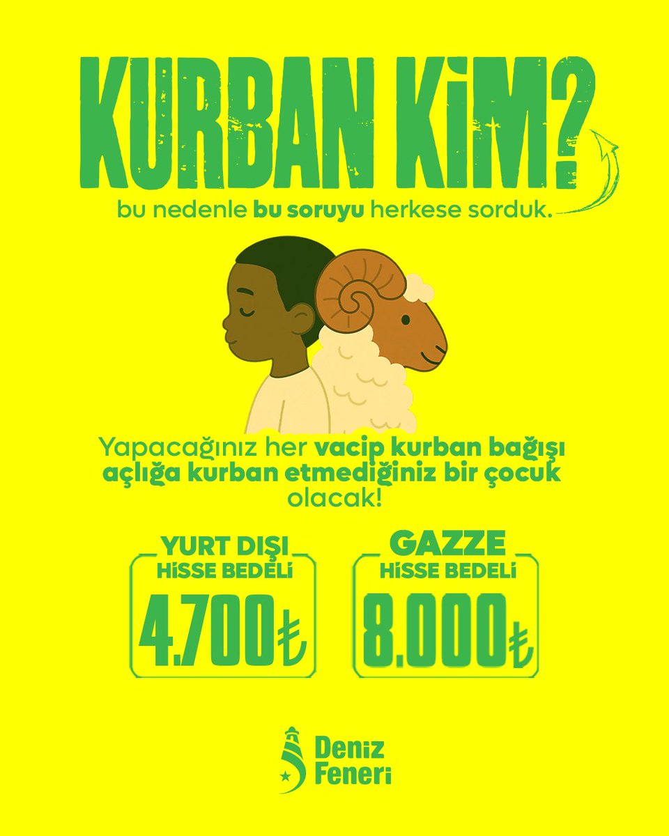 Afrika’daki çocukların %45’i yetersiz beslenme sebebiyle hayatını kaybediyor.
Yapacağınız her Kurban bağışı açlığa kurban etmediğiniz bir çocuğa umut olacak.

Yurtdışı Hisse Bedeli: 4700 TL

📌 Online Bağış: denizfeneri.org.tr/bagis/#kurban-…
💳 IBAN: TR41 0020 9000 0009 9990 0000 01
👤