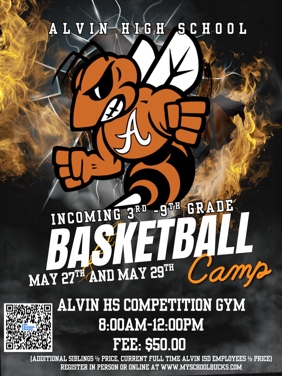 🏀🔥 Calling all future Yellowjackets! 🔥🏀
Join us at Alvin High School for our Summer Basketball Camp!
Register now at 🔗 myschoolbucks.com or scan the QR code on the flyer!
#AlvinBasketball #FutureJackets #YouthHoops #BasketballCamp #AlvinISD
