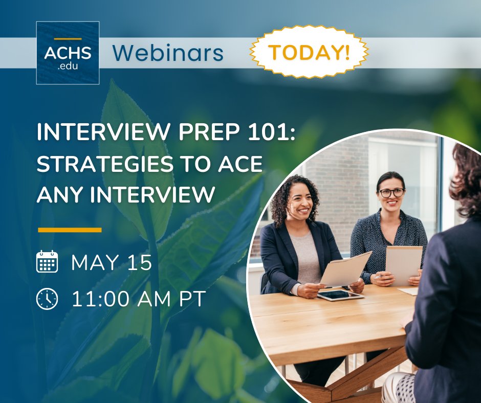Join us TODAY, May 15 at 11:00 am PT for Interview Prep 101! 🎯 Learn how to ace interviews, tell your story, and shine in person &amp; online. Don’t miss it—register now! hubs.li/Q03k3s0y0
#ACHSwebinars #InterviewPrep #CareerTips #WebinarAlert