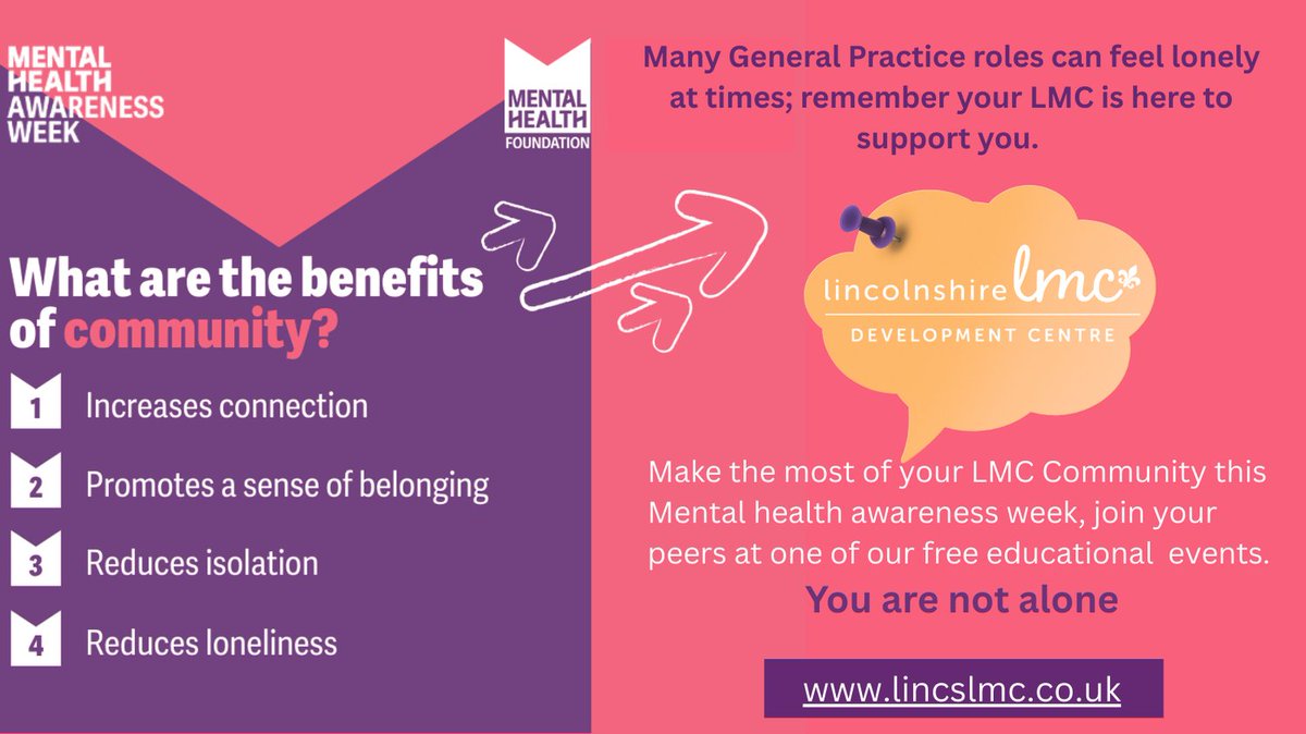 This #MentalHealthAwarenessWeek celebrates community, together for good mental health.  Make the most of your Lincs LMC Community by  joining your peers an LMC event. 

#ThisIsMyCommunity
#LincsLMC
#LincsLMCWellbeing
#LincsLMCEvents
#ImpactLincs