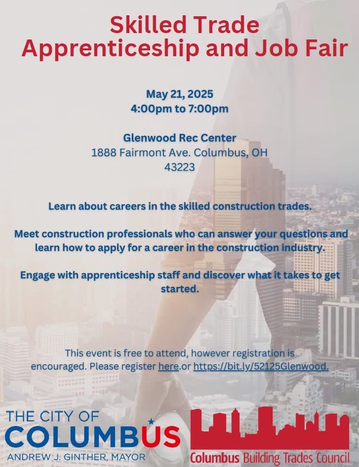 City of Columbus (@columbusgov) on Twitter photo We are less than a week away from the Skilled Trade Apprenticeship and Job Fair! Meet industry experts, get your questions answered, and apply while you're there. <a href="/BuildCentralOH/">BuildCentralOH</a> LEARN MORE ▶️ bit.ly/44rAjAo We are less than a week away from the Skilled Trade Apprenticeship and Job Fair! Meet industry experts, get your questions answered, and apply while you're there. <a href="/BuildCentralOH/">BuildCentralOH</a> LEARN MORE ▶️ bit.ly/44rAjAo