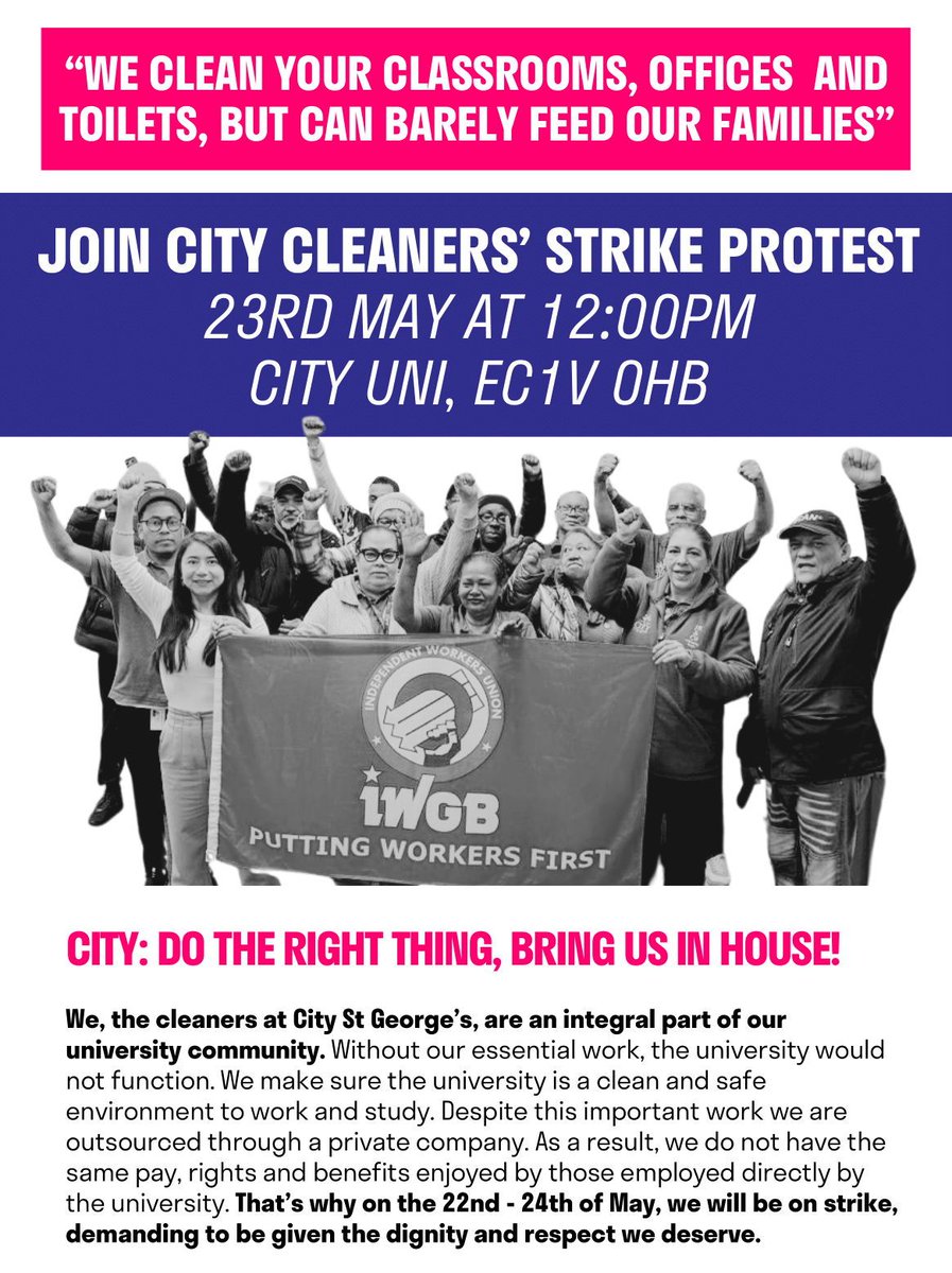 📢 CITY CLEANERS STRIKE: ROUND 2!

Outsourced cleaning staff at City University have just announced they will STRIKE AGAIN, from 22nd to 24th May. 

Join them at their strike rally on Thurs 23rd May at 12pm, outside City University (Northampton Square, London EC1V 0HB)!