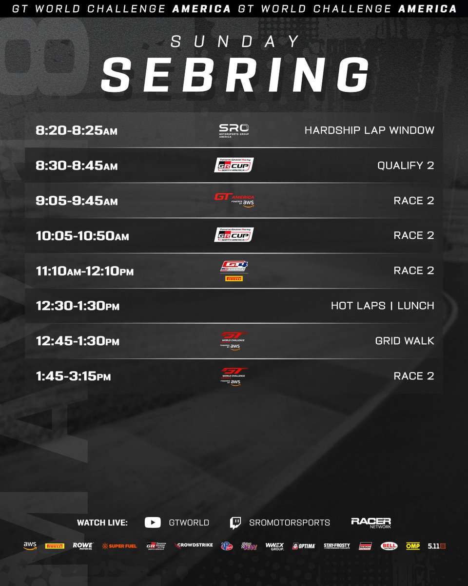 We have one final day in the Sunshine State 👏

🟣 twitch.tv/sromotorsports
🔴 youtube.com/gtworld
⏱️ gt-world-challenge-america.com/watch-live

#GTSebring #GTWorld #GTWorldAmerica