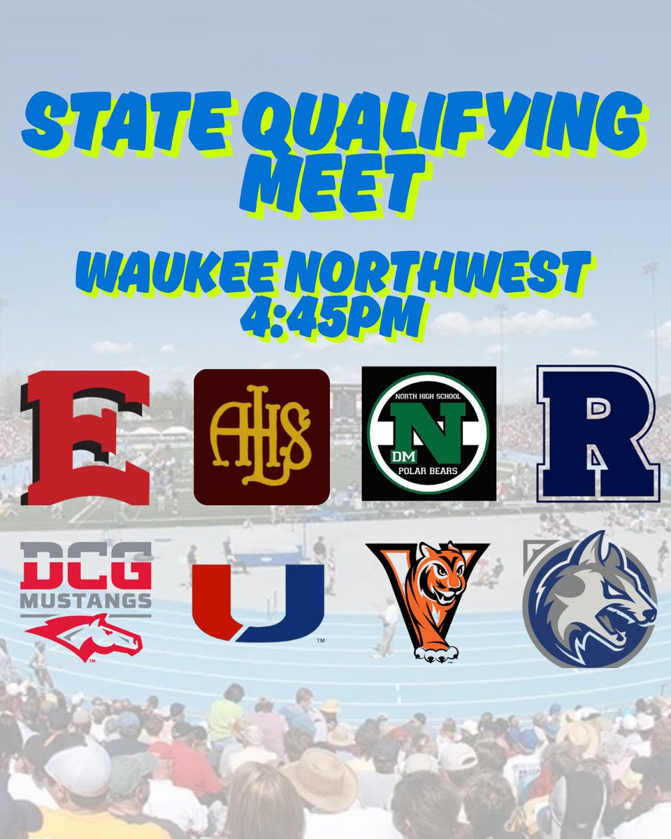 Des Moines Lincoln Boys Track & Field (@rails_tf) on Twitter photo It's State Qualifying Meet Day!
📅May 15th
📌Waukee Northwest
⏰4:00pm Field Events/4:45pm Running Events
🎟️events.hometownticketing.com/boxoffice/iahs
📊results.wayzatatiming.com/meets/53266
🆚<a href="/NWBoysTrack/">Northwest Boys Track & Field</a> <a href="/ValleyXCTF/">Valley boys XC / T&F</a> <a href="/dcgboystrack/">DCG Boys Track</a> <a href="/RiderTrack/">DM Roosevelt Boys Track and Field</a> <a href="/PolarBearTF/">Des Moines North Track & Field</a> <a href="/Dsmeast/">East High School</a> <a href="/UrbandaleJHawks/">Urbandale J-Hawks</a> It's State Qualifying Meet Day!
📅May 15th
📌Waukee Northwest
⏰4:00pm Field Events/4:45pm Running Events
🎟️events.hometownticketing.com/boxoffice/iahs
📊results.wayzatatiming.com/meets/53266
🆚<a href="/NWBoysTrack/">Northwest Boys Track & Field</a> <a href="/ValleyXCTF/">Valley boys XC / T&F</a> <a href="/dcgboystrack/">DCG Boys Track</a> <a href="/RiderTrack/">DM Roosevelt Boys Track and Field</a> <a href="/PolarBearTF/">Des Moines North Track & Field</a> <a href="/Dsmeast/">East High School</a> <a href="/UrbandaleJHawks/">Urbandale J-Hawks</a>