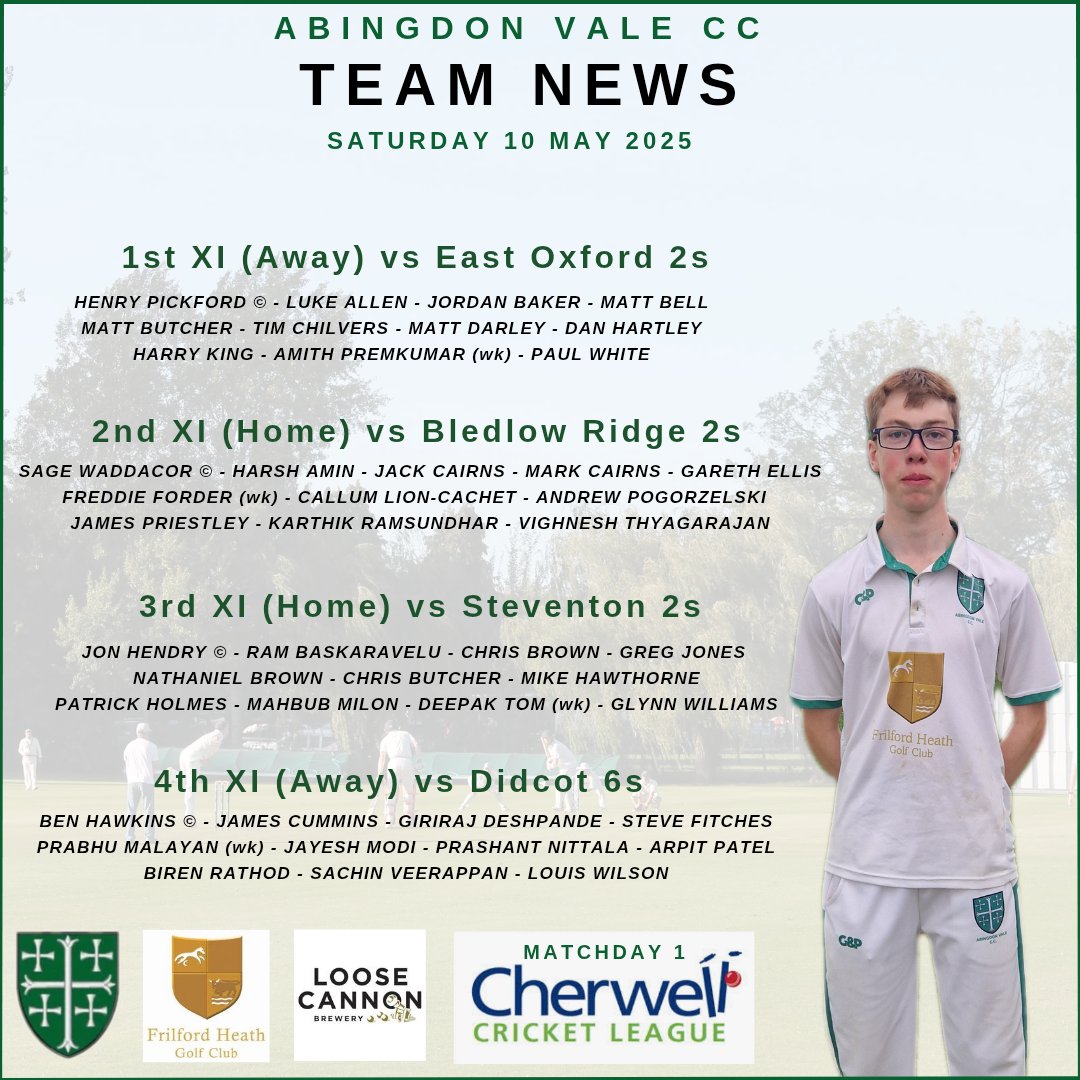 Abingdon Vale CC (@abingdonvalecc) on Twitter photo Team news for our first <a href="/Cherwellcricket/">Cherwell Cricket League</a> games of the season on Saturday.
Bar Open from 3pm. Team news for our first <a href="/Cherwellcricket/">Cherwell Cricket League</a> games of the season on Saturday.
Bar Open from 3pm.
