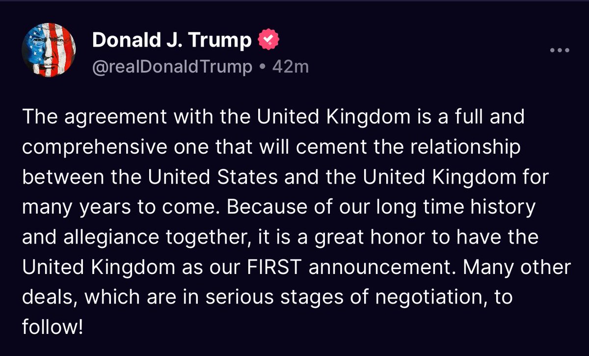 🚨BREAKING 🚨

President Donald Trump just posted, “The agreement with the United Kingdom is a full and comprehensive one that will cement the relationship between the United States and the United Kingdom for many years to come.”

#Trump