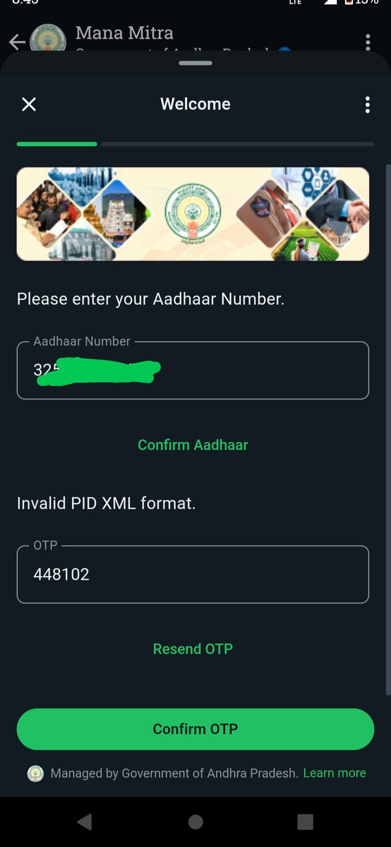 venky_vankayala's tweet photo. Requesting to government while doing revenue service in mana mitra governance . Error coming while aadhaar otp entering  as INVAILD PID XML FORMAT. please solve the error. @CDMA_Municipal @OfficeofNL https://t.co/HO0K8JcxAv