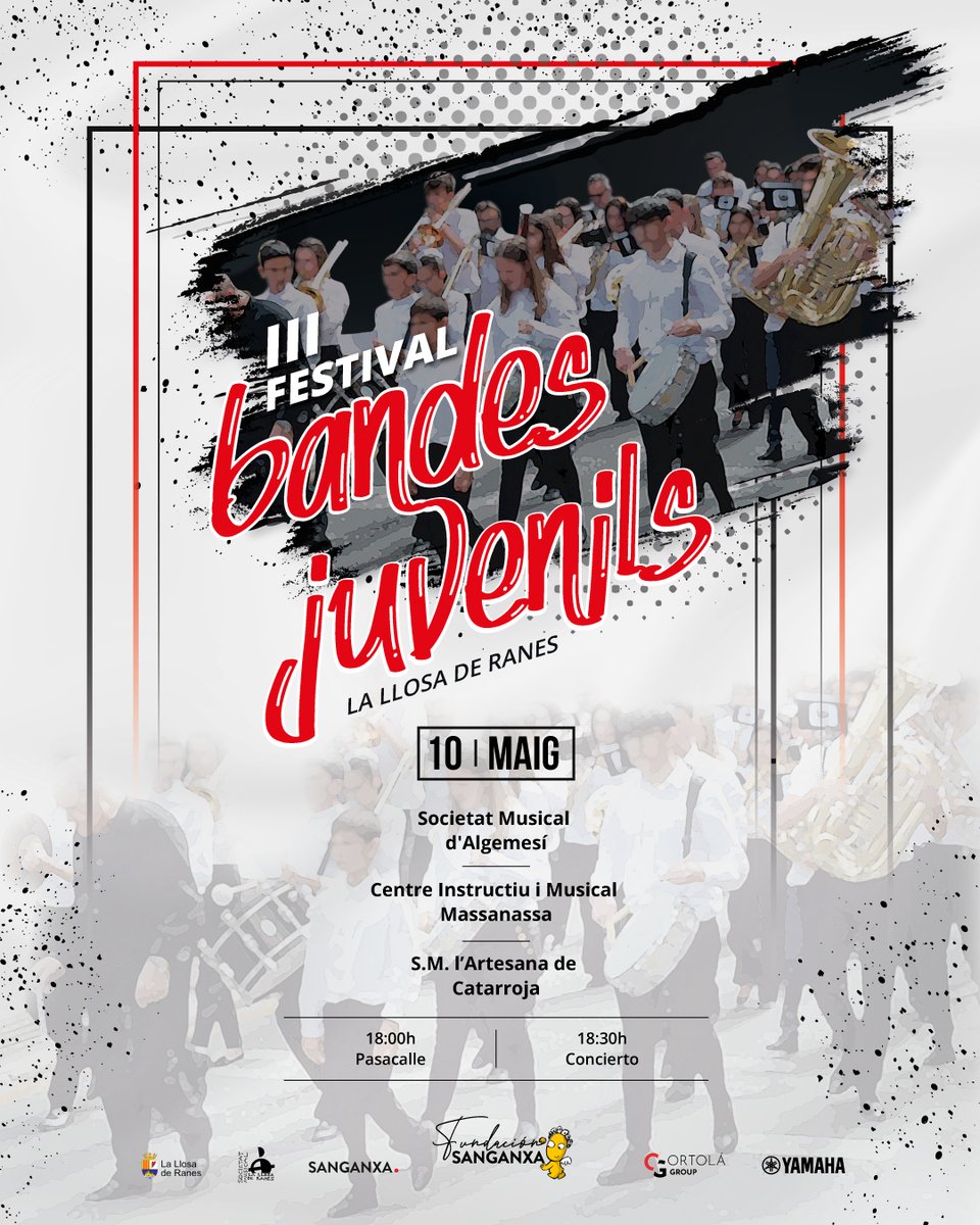 NOTICIA 🎙 Desde la Fundación Sanganxa (<a href="/sanganxa/">Sanganxa Music Store</a>) realizan este sábado 10 de mayo el III Festival de Bandas Juveniles en la localidad de La Llosa de Ranes. ¡Todos los detalles sobre el evento en el link! 📲
▶ tinyurl.com/mwpa6bc6